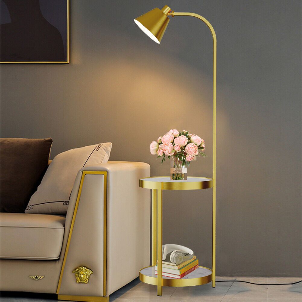 Adjustable Floor Lamp 2 Tier End Side Table Light Corner Coffee Table Gold  Frame | Ebay For Floor Lamps With 2 Tier Table (View 3 of 15)