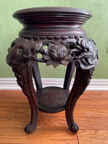 Antique Large 20 Inch Chinese Hand Carved Dark Wood Lotus Flowers Plant  Stand | Ebay With Regard To Carved Plant Stands (View 13 of 15)