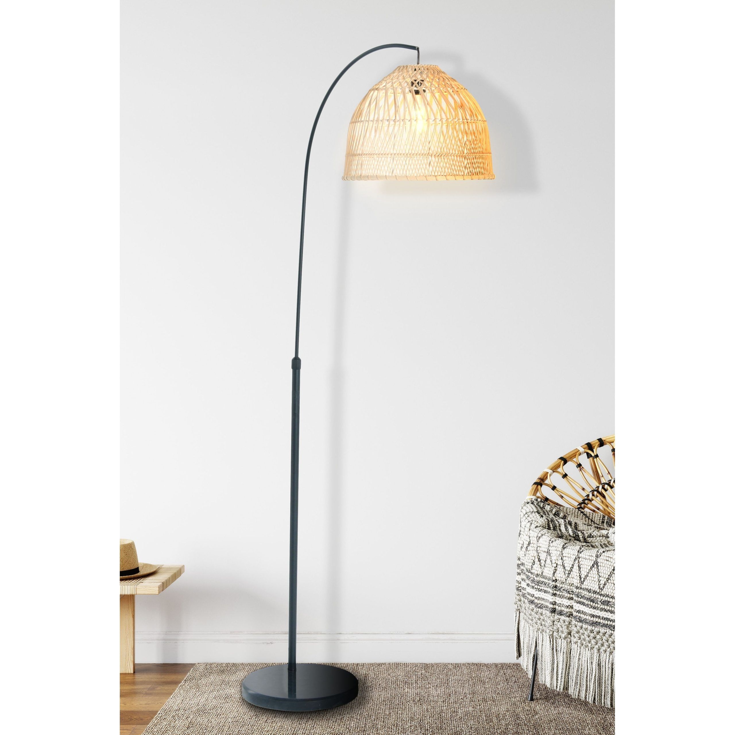 Arched Floor Lamp With Woven Rattan Shade – Overstock – 33638559 With Woven Cane Floor Lamps (View 14 of 15)