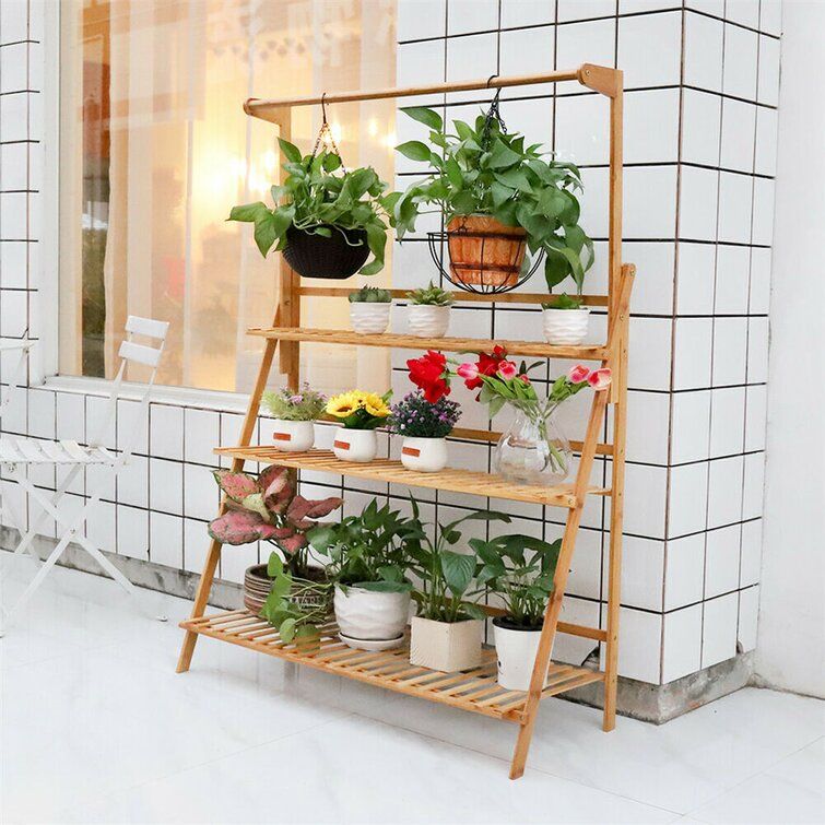 Arlmont & Co. Bamboo Shelf Folding 3 Tier Ladder Book Plant Stand With  Hanging Bar Multi Use & Reviews – Wayfair Canada With Regard To  (View 11 of 15)