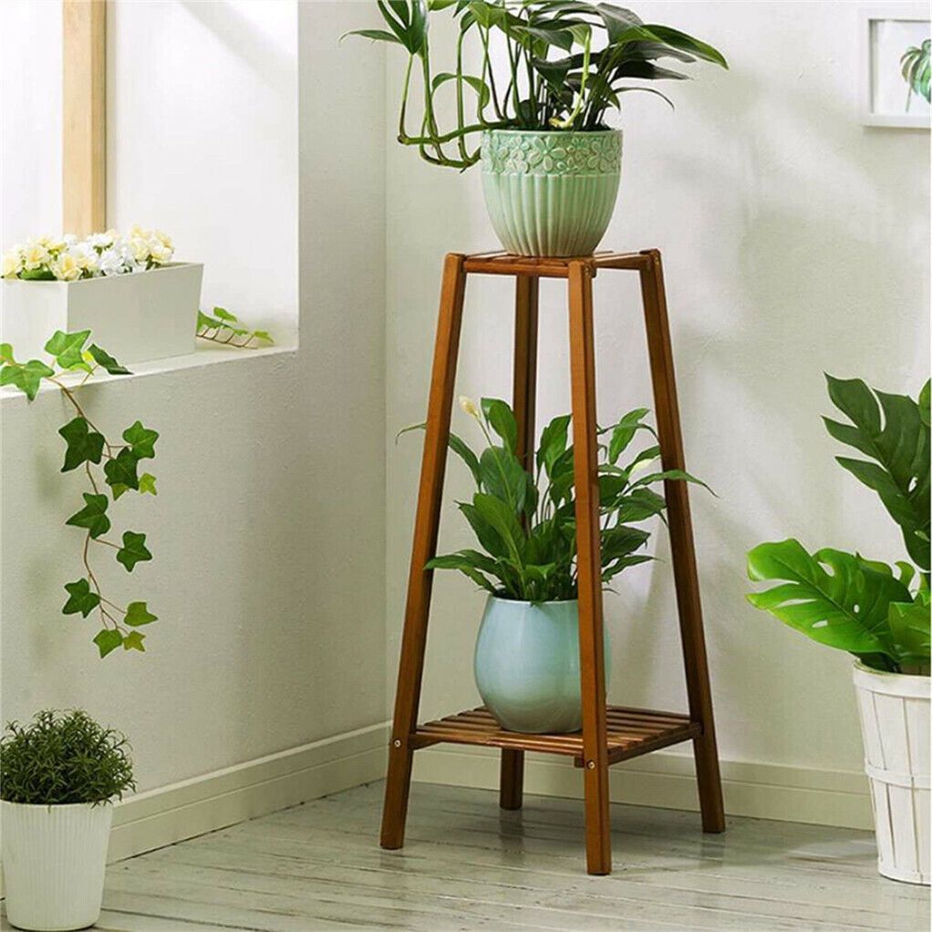 Bamboo 2 Tier Tall Plant Stand Pot Holder Small Space Table Garden Planter  Brown | Ebay Intended For Brown Plant Stands (View 5 of 15)