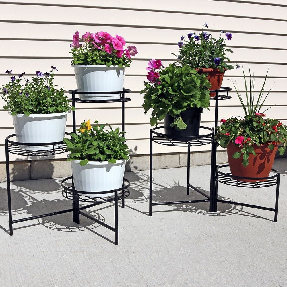 Black Three Tiered Indoor Outdoor Flower Plant Stand 22" – Set Of Two –  Overstock – 15391141 For Set Of Three Plant Stands (Photo 4 of 15)