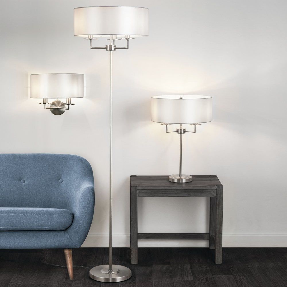 Bridge 3 Light Satin Silver Floor Lamp With Silver Faux Silk Shade Pertaining To Silver Floor Lamps (Photo 11 of 15)