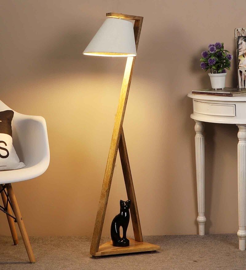 Buy New Age Z Shaped Natural Wooden Floor Lamp With Umbrella White Shade The Lighting Hub Online – Shelf Floor Lamps – Lamps – Lamps And Lighting –  Pepperfry Product Within Oak Floor Lamps (Photo 15 of 15)