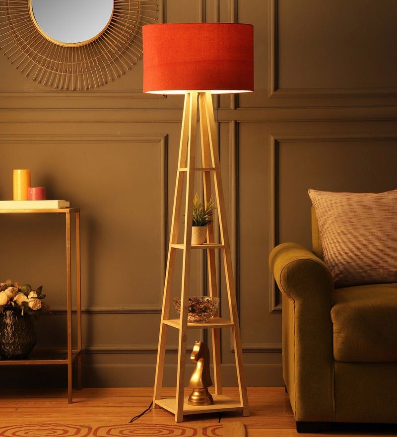 Buy Red Fabric Shade 4 Tier Shelf Storage Floor Lamp With Wood Base Sanded Edge Online – Shelf Floor Lamps – Lamps – Lamps And Lighting –  Pepperfry Product Within Floor Lamps With 2 Tier Table (View 9 of 15)