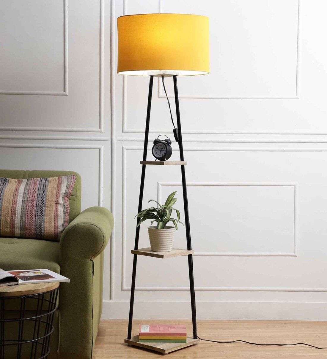Buy Yellow Midwest Fabric Shade 3 Tier Shelf Storage Floor Lamp With Metal  Basesanded Edge Online – Shelf Floor Lamps – Lamps – Lamps And Lighting  – Pepperfry Product In 3 Tier Floor Lamps (View 3 of 15)