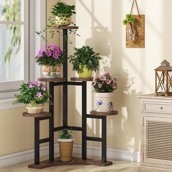 Byblight Wellston 43.7 In. Rustic Brown Round Wood Corner Plant Stand  Indoor, 6 Tier Plant Shelf Flower Stand Tall Potted Plant Bb Zhs007xf – The  Home Depot In Rustic Plant Stands (Photo 11 of 15)