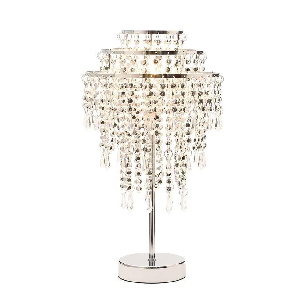 Chrome Beaded Silver Chandelier Table Lamp 3 Tier Hanging Droplets – Lights  And Linen Within Crystal Bead Chandelier Floor Lamps (View 11 of 15)