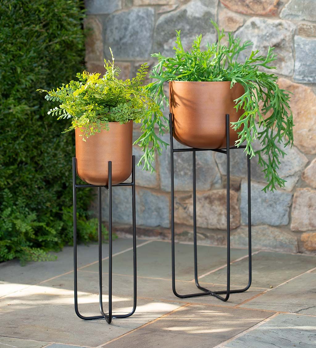 Copper Finish Planters On Stand, Set Of 2 | Vivaterra Inside Copper Plant Stands (View 8 of 15)