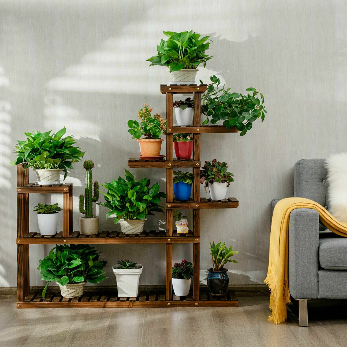 Costway Free Form Multi Tiered Solid Wood Plant Stand & Reviews | Wayfair Within Green Plant Stands (View 11 of 15)