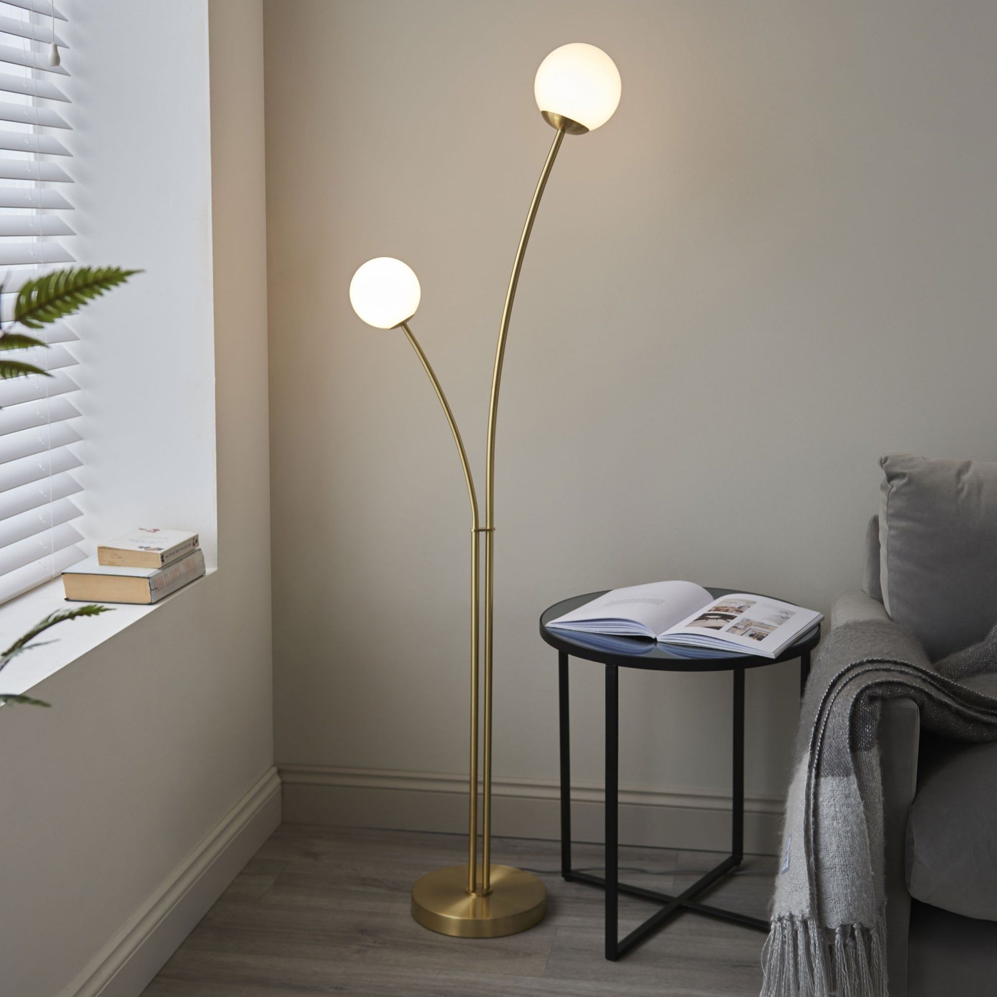Endon Lighting Bloom Two Light Floor Lamp In Satin Brass & Opal Glass –  Fitting & Style From Dusk Lighting Uk With Satin Brass Floor Lamps (Photo 7 of 15)