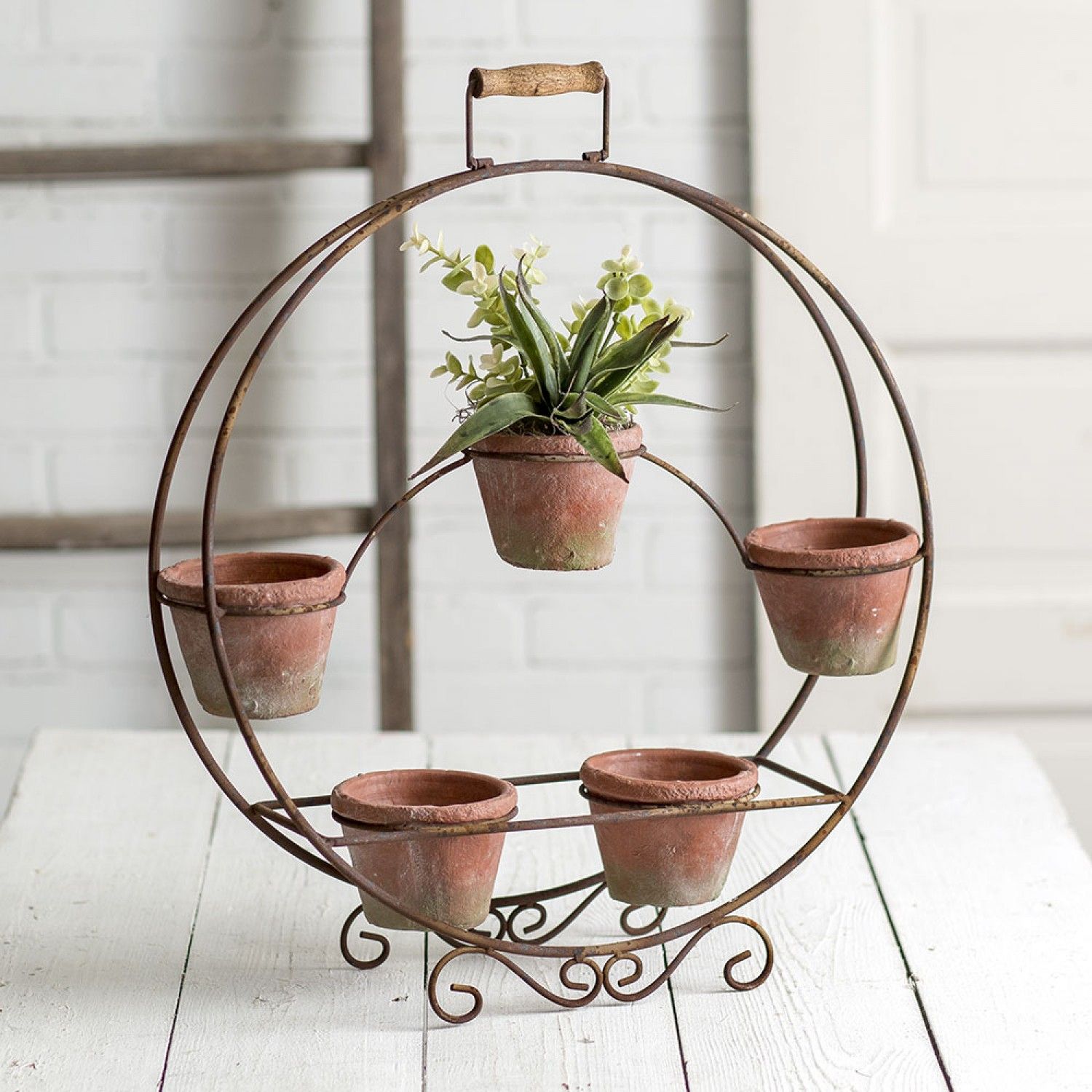 Farmhouse Rustic Round Plant Stand With Terra Cotta Pots Regarding Round Plant Stands (Photo 14 of 15)