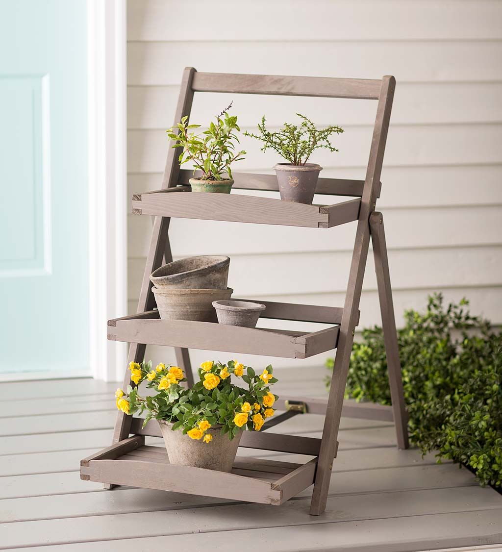 Folding Three Shelf Wooden Plant Stand In Gray Finish | Wind And Weather Within Weathered Gray Plant Stands (View 7 of 15)