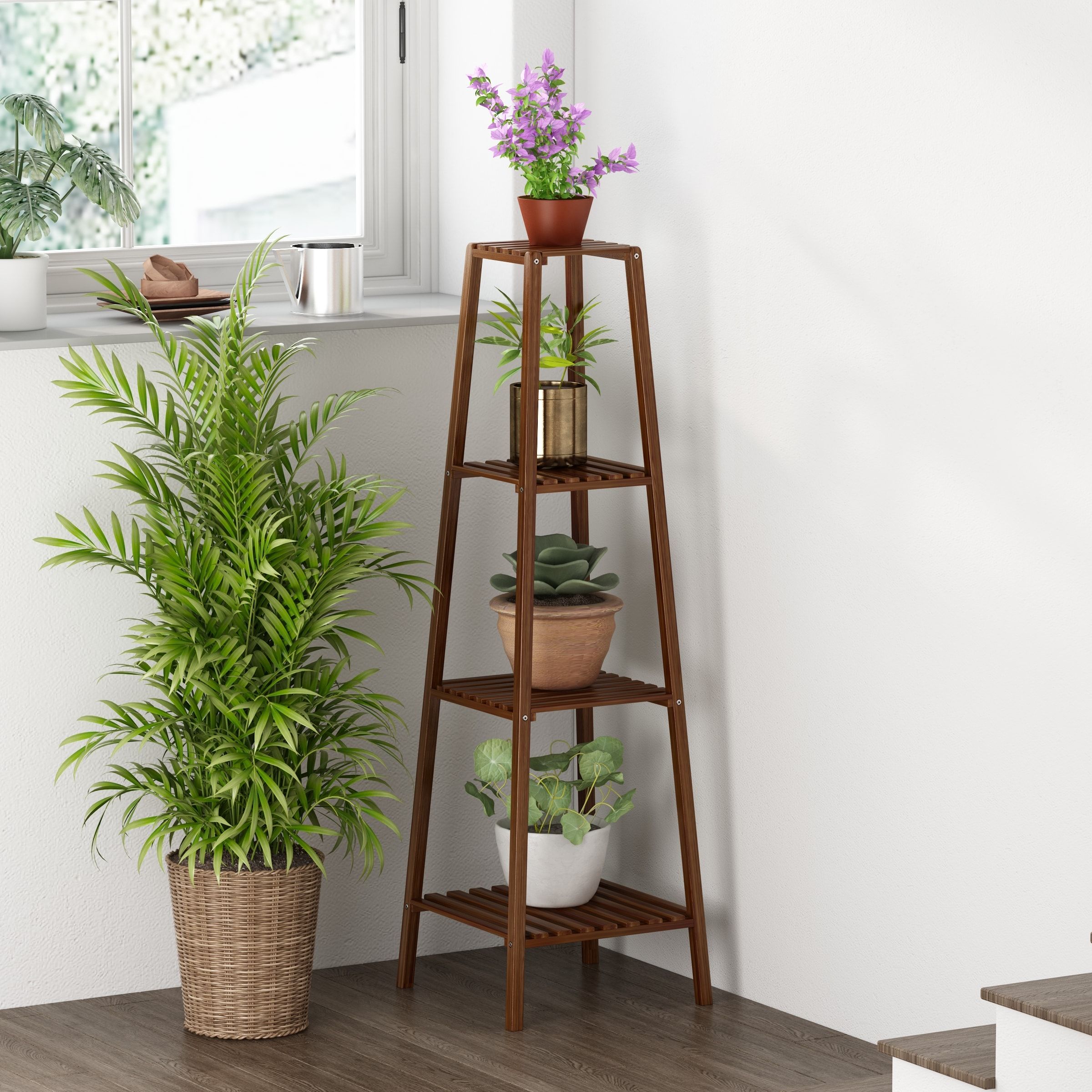 Fufu&gaga 4 Tier Plant Stand 47.2 In H X 14.6 In W Brown Indoor/outdoor  Novelty Wood Plant Stand At Lowes Within 4 Tier Plant Stands (Photo 1 of 15)