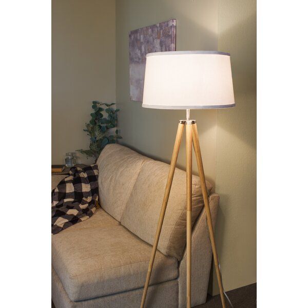 George Oliver Daviya 60.5 Mid Century Modern Tripod Led Floor Lamp + Energy  Efficient 10.5w Bulb, White Fabric Shade, Pine Style Wood Finish & Reviews  | Wayfair With Pine Wood Floor Lamps (Photo 3 of 15)