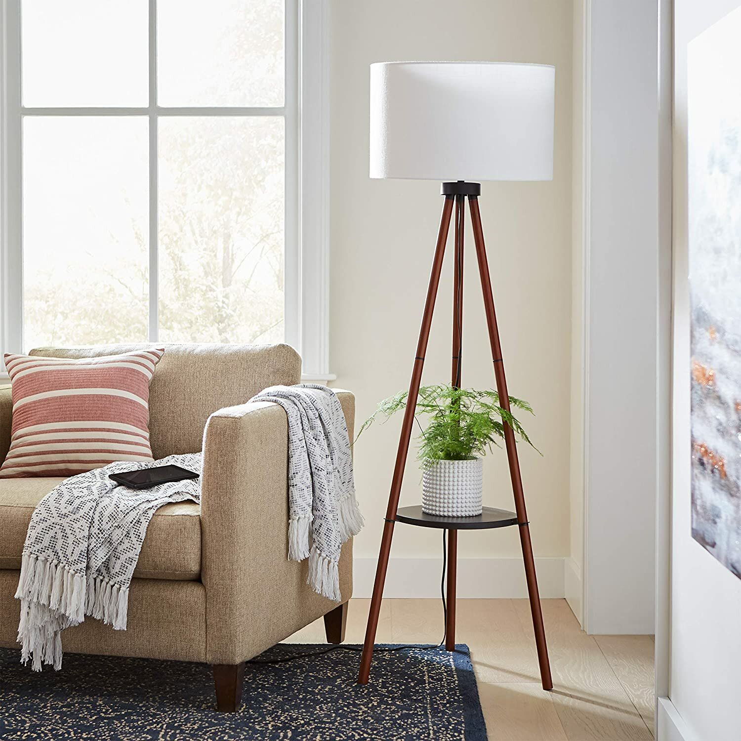 George Oliver Stone & Beam Contemporary Unique Tripod Floor Lamp With  Storage Tray In The Middle Of The Base. Has A Off White Textured Drum  Shadefloor Lamp, 61"h, Walnut, Black & Reviews – Throughout Textured Linen Floor Lamps (Photo 7 of 15)