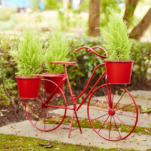 Glitzhome 28.75 In. L Oversized Red Metal Bicycle Plant Stand (kd)  2007200028 – The Home Depot In Red Plant Stands (Photo 15 of 15)