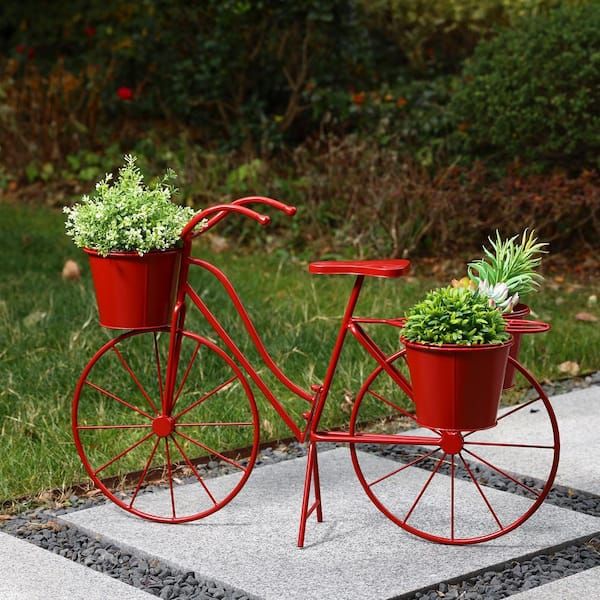 Glitzhome 28.75 In. L Oversized Red Metal Bicycle Plant Stand (kd)  2007200028 – The Home Depot Regarding Red Plant Stands (Photo 13 of 15)