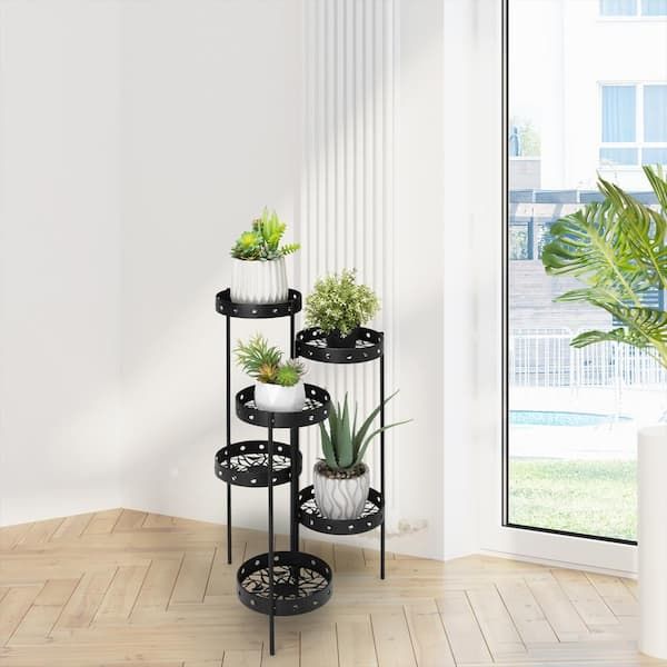 Glitzhome 32 In. H Foldable Black Metal Round Plant Stand Multi Tiered  2007200034 – The Home Depot With Round Plant Stands (Photo 8 of 15)