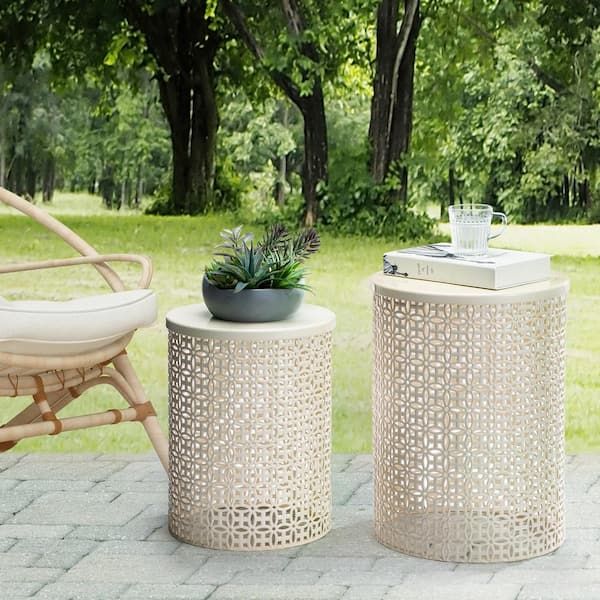 Glitzhome Multi Functional Metal Cream White Garden Stool Or Planter Stand  Or Accent Table Or Side Table (set Of 2) Gh2003800006 – The Home Depot For Plant Stands With Side Table (View 9 of 15)