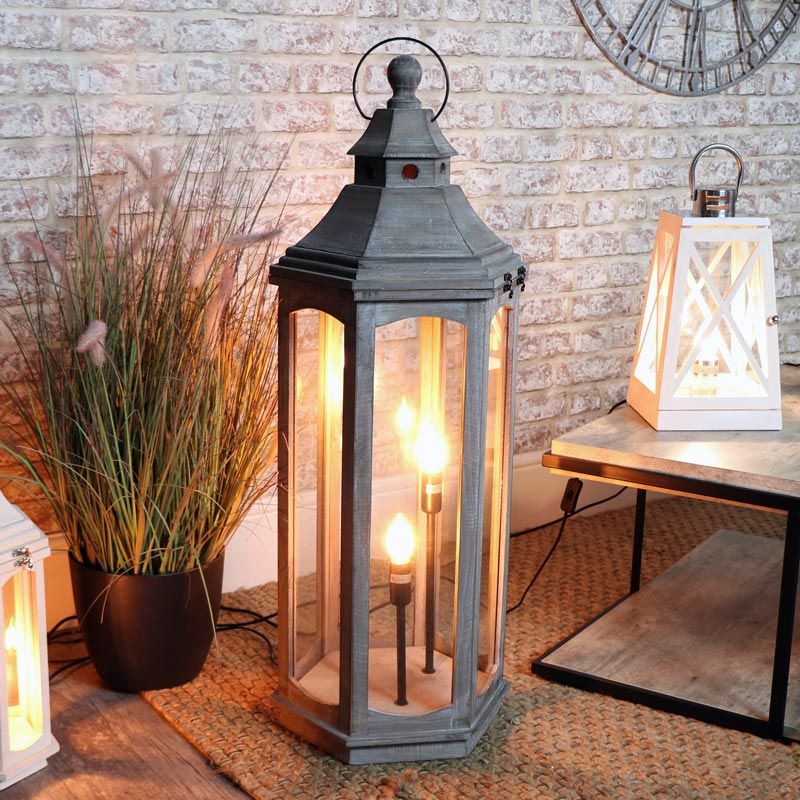 Grey Wooden Lantern Style Floor Lamp Intended For Lantern Floor Lamps (Photo 4 of 15)