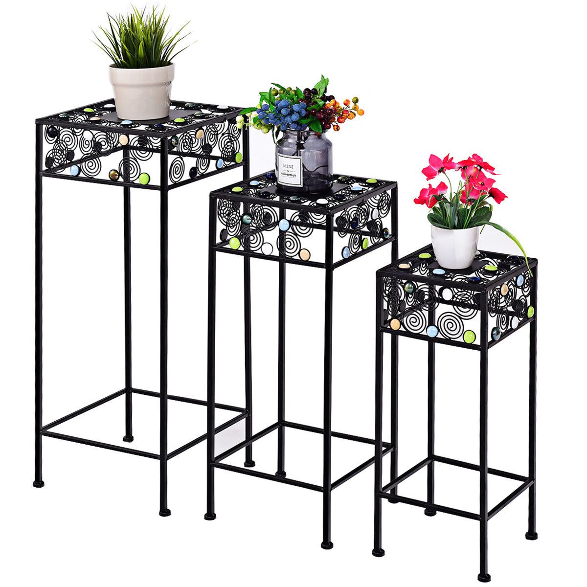 Gymax 3 Piece Metal Plant Stand Rack Pot Pots Garden Ceramic Beads Decor  Flower – Walmart Pertaining To Set Of Three Plant Stands (View 15 of 15)