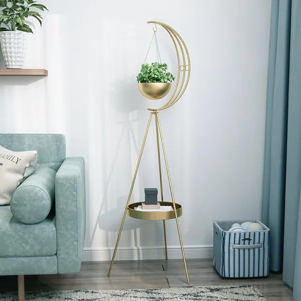 Half Moon Plant Stand With Shelf In Gold Modern End Table Homary In Plant Stands With Side Table (View 3 of 15)