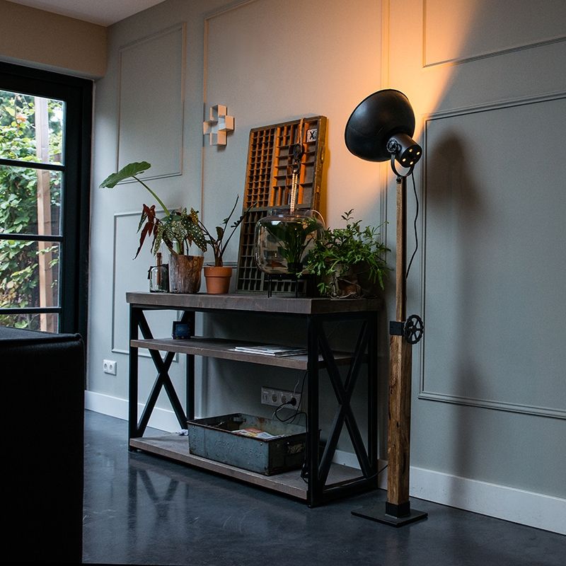 Industrial Floor Lamp Black With Mango Wood – Mangoes | Lampandlight Uk With Regard To Mango Wood Floor Lamps (View 8 of 15)