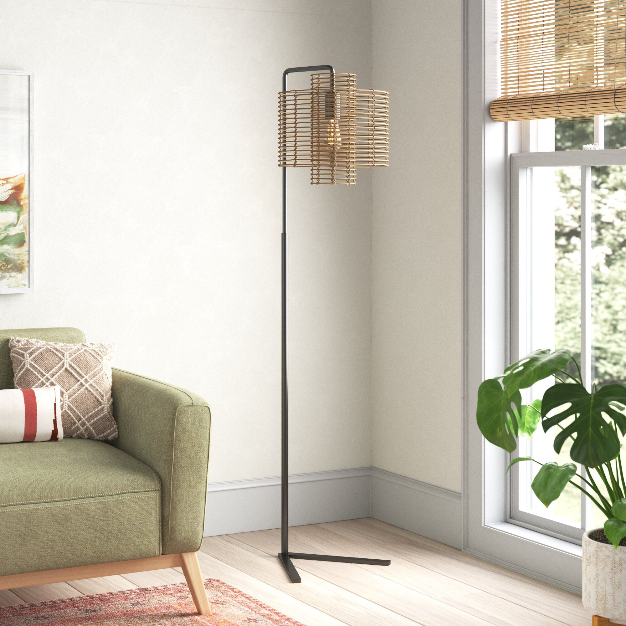 Langley Street Cyndi 70" Hangover Floor Lamp With Woven Rattan Shade, Black  & Reviews | Wayfair Throughout Woven Cane Floor Lamps (View 8 of 15)