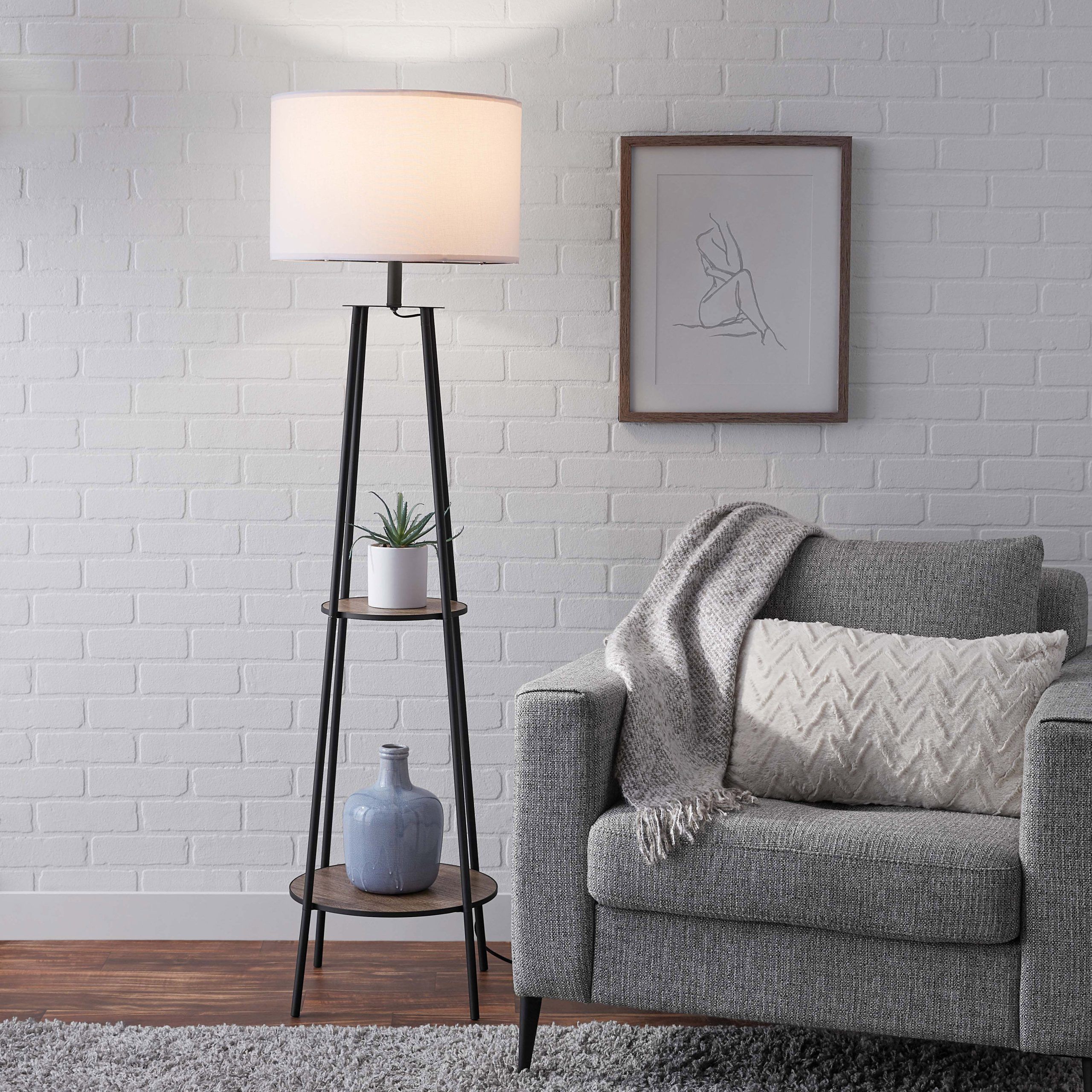 Mainstays Etagere Matte Black Floor Lamp, With 2 Wood Shelves, Black Color  – Walmart With Matte Black Floor Lamps (Photo 5 of 15)