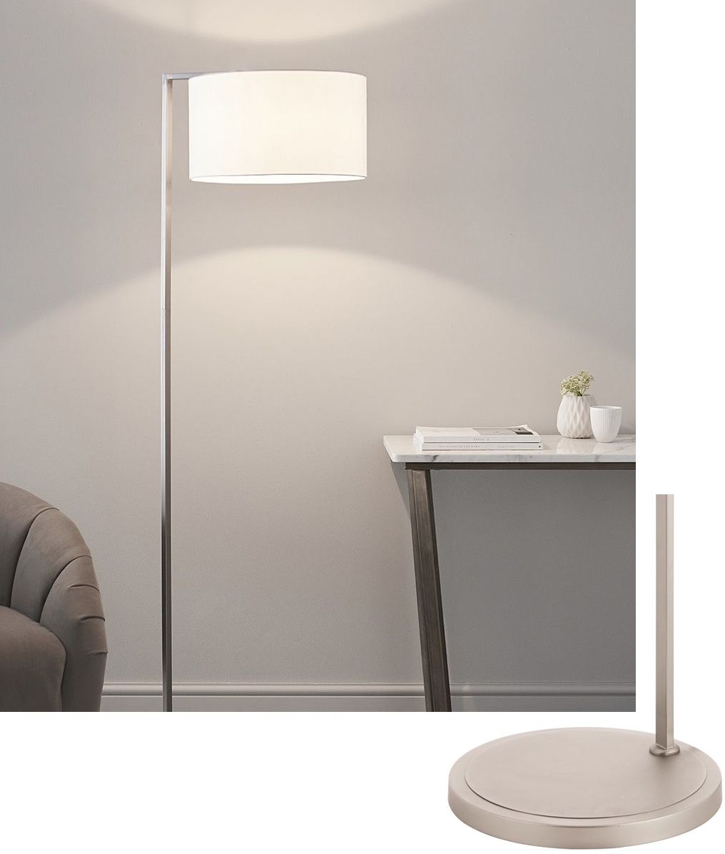 Matt Nickel Contemporary Floor Lamp With Fabric Drum Shade Intended For White Shade Floor Lamps (View 1 of 15)