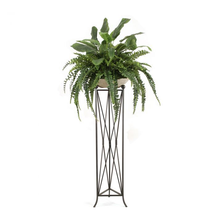 Mixed Greenery With Fern And Bird Of Paradise In Bowl With Tall Plant Stand  – Distinctive Designs Regarding Tall Plant Stands (Photo 15 of 15)
