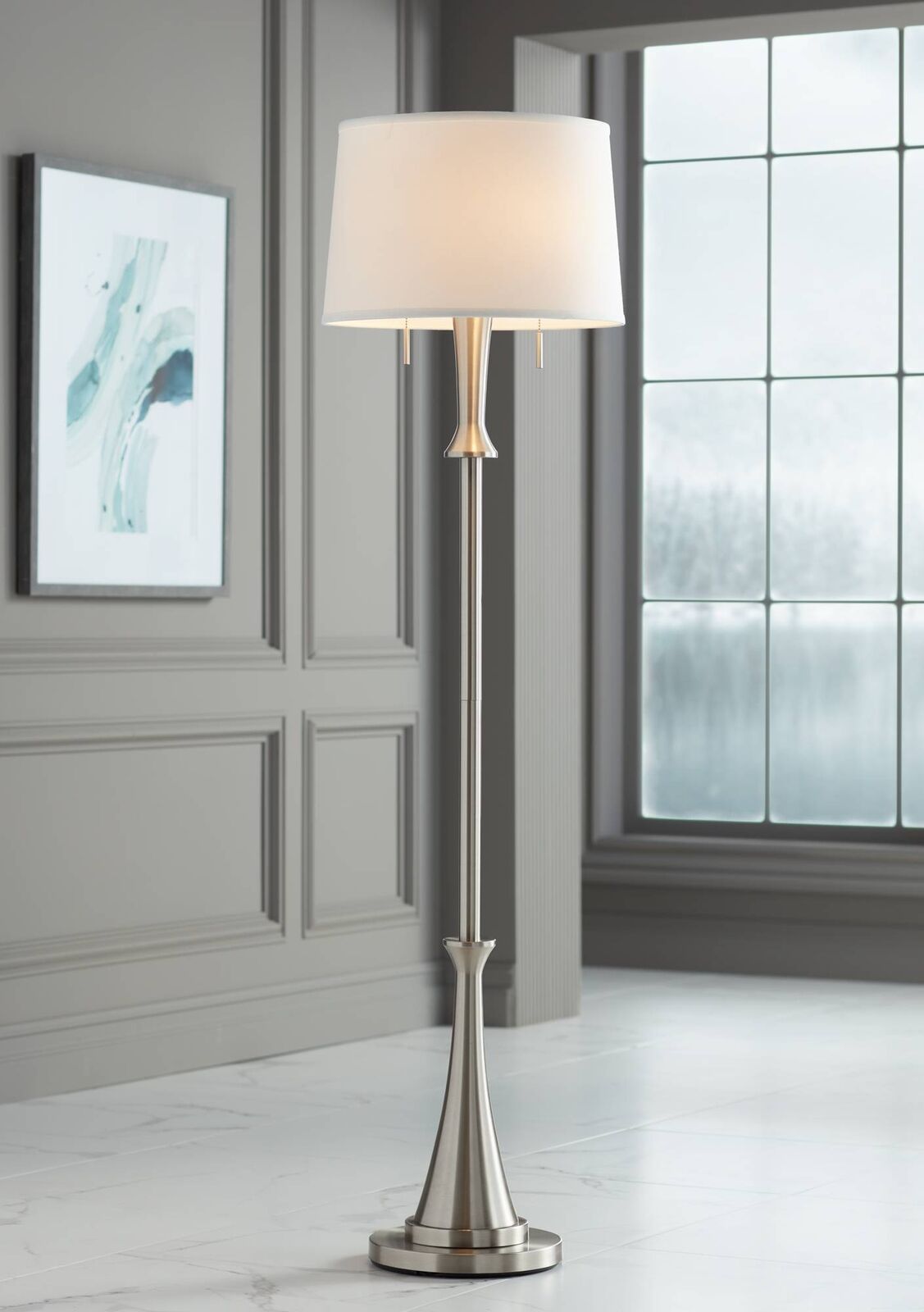 Modern Floor Lamp Brushed Nickel White Drum Shade For Living Room Reading  House | Ebay Throughout Glass Satin Nickel Floor Lamps (View 9 of 15)