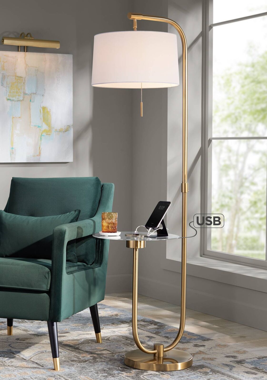 Modern Floor Lamp With Usb Port Tray Table Antique Brass White Shade Living  Room | Ebay With Regard To Floor Lamps With Usb (View 3 of 15)