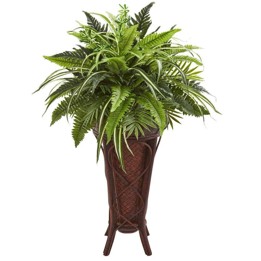 Nearly Natural Indoor 32 In. Mixed Greens And Fern Artificial Plant In  Decorative Stand 8581 – The Home Depot For 32 Inch Plant Stands (Photo 15 of 15)