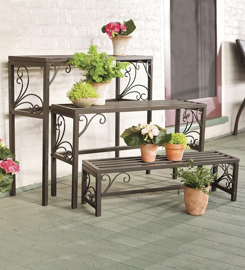 Nesting Metal Plant Stands With Scrollwork, Set Of Three | Plowhearth Regarding Outdoor Plant Stands (Photo 1 of 15)