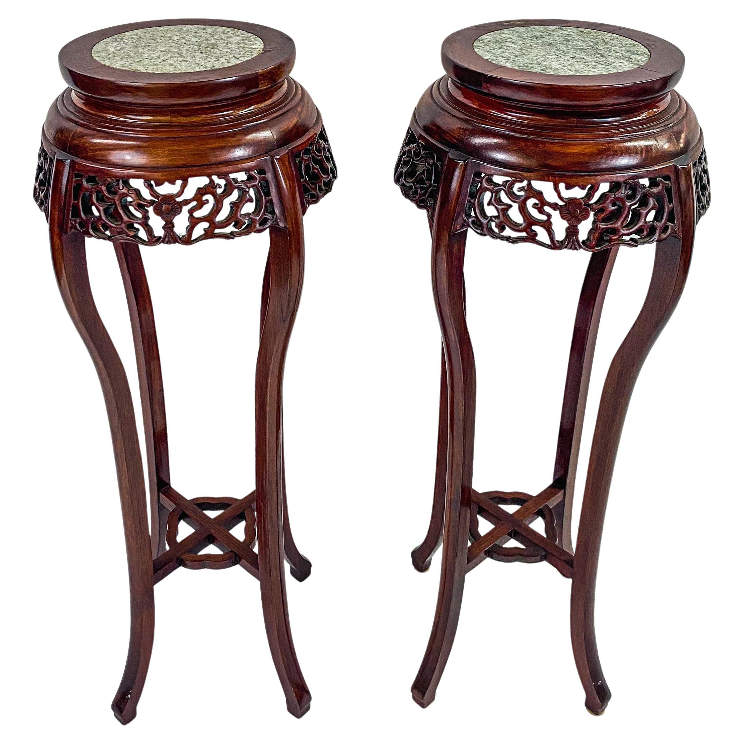 Oriental Chinese Carved Rosewood Pedestal, Plant Stand With Granite Top, A  Pair For Sale At 1stdibs Inside Carved Plant Stands (View 2 of 15)