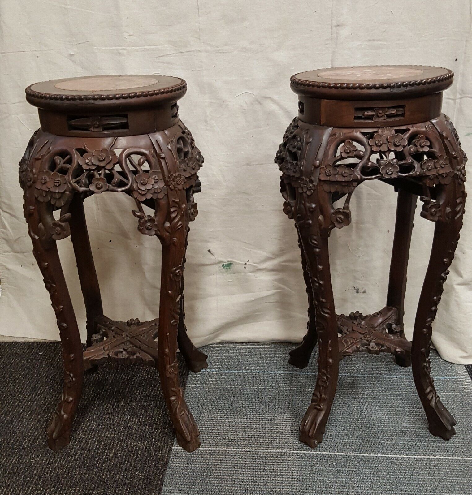 Pair Of Antique Chinese Carved Rosewood Marble Top Plant Stands/side Tables  | Ebay Regarding Carved Plant Stands (View 1 of 15)