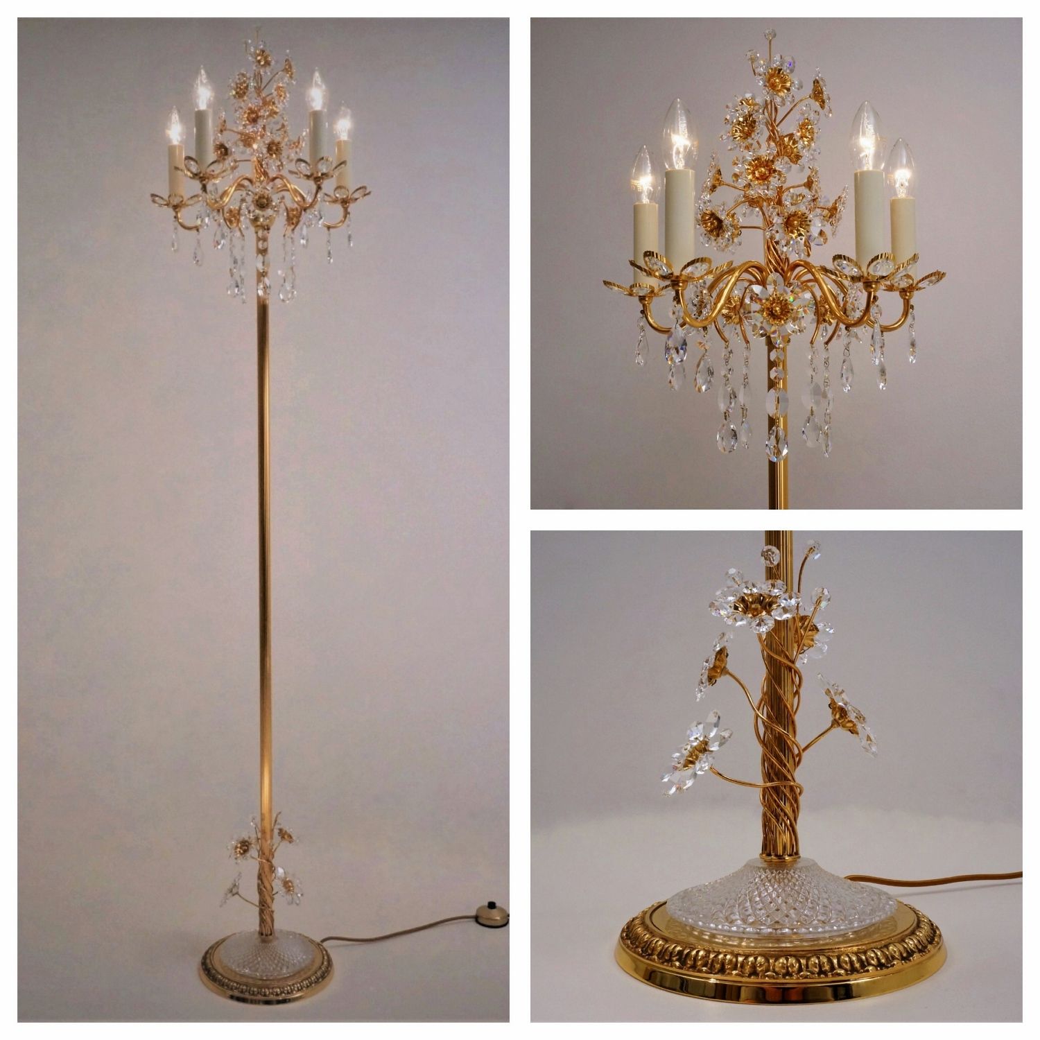 Palwa Floor Lamp, Gilt Brass Frame, Crystal Flowers & Beads, 1970`s Ca,  German In Vintage Palwa Lighting From Roomscape Pertaining To Crystal Bead Chandelier Floor Lamps (View 7 of 15)