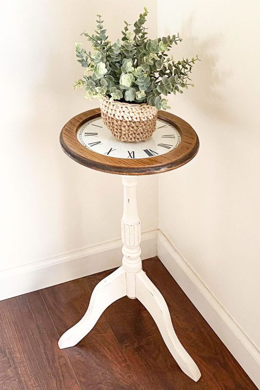 Refinished Wood Plant Stand With A Diy Vinyl Clock Tabletop – Regarding Painted Wood Plant Stands (View 2 of 15)