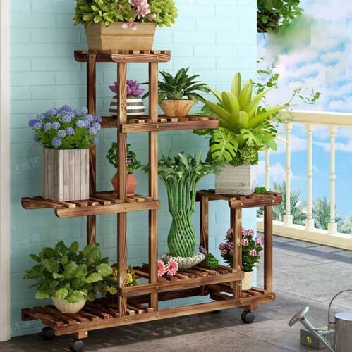 Rustic Wood Rolling Flower Plant Stand Shelf Bonsai Display Rack Tall F  Indoor | Ebay Inside Rustic Plant Stands (Photo 12 of 15)