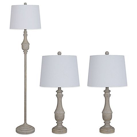 Sadie 3 Piece Roomful Lamp Set In Distressed Faux Wood | Bed Bath & Beyond  | White Floor Lamp, Lamp Sets, Farmhouse Floor Lamps Throughout 3 Piece Set Floor Lamps (View 2 of 15)