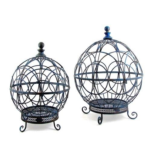 Set Of 2 Iron Globe Plant Stands With Antique Blue Finish In Globe Plant Stands (View 4 of 15)