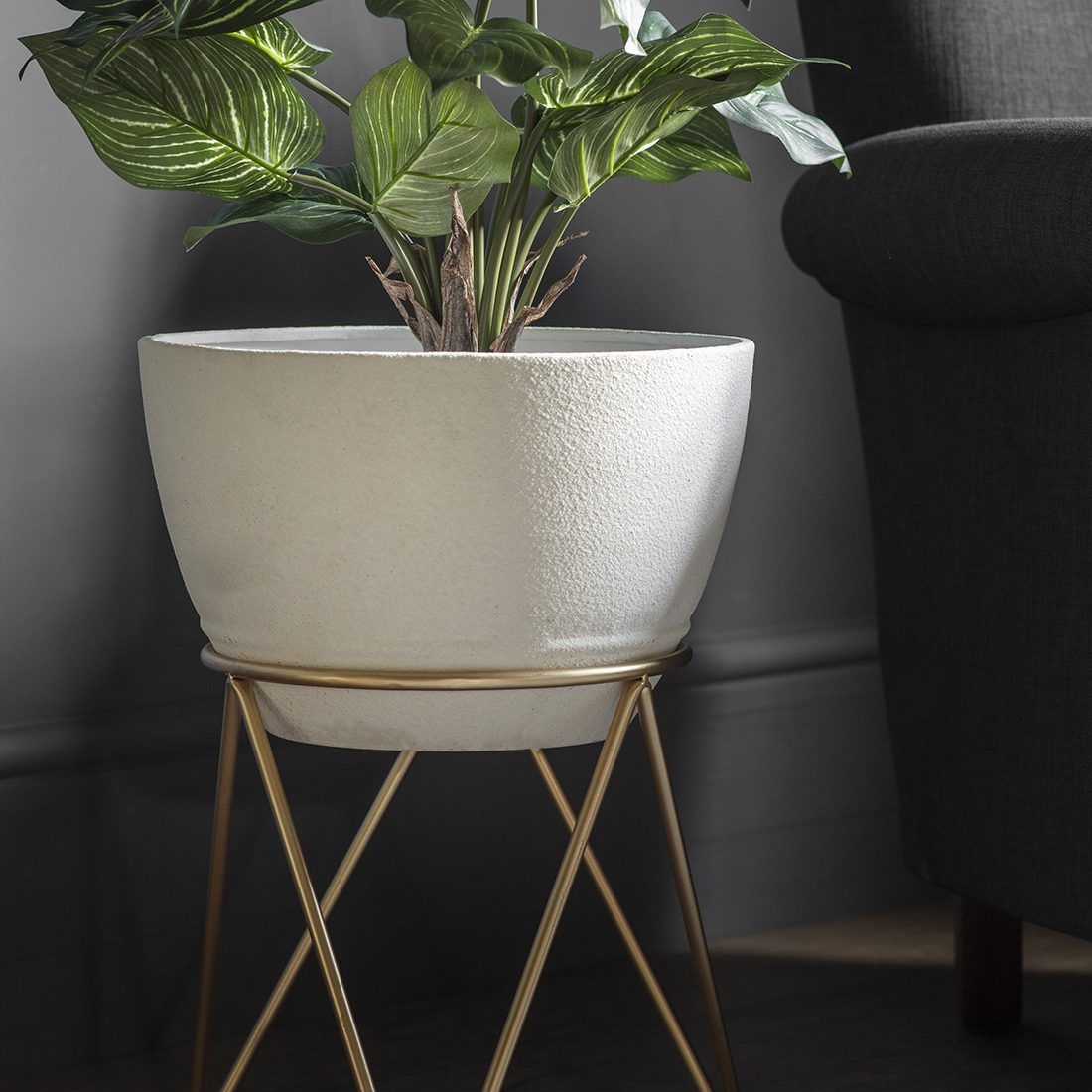 Set Of Two Ivory Planters With Gold Geometric Stand – Primrose & Plum In Ivory Plant Stands (Photo 1 of 15)