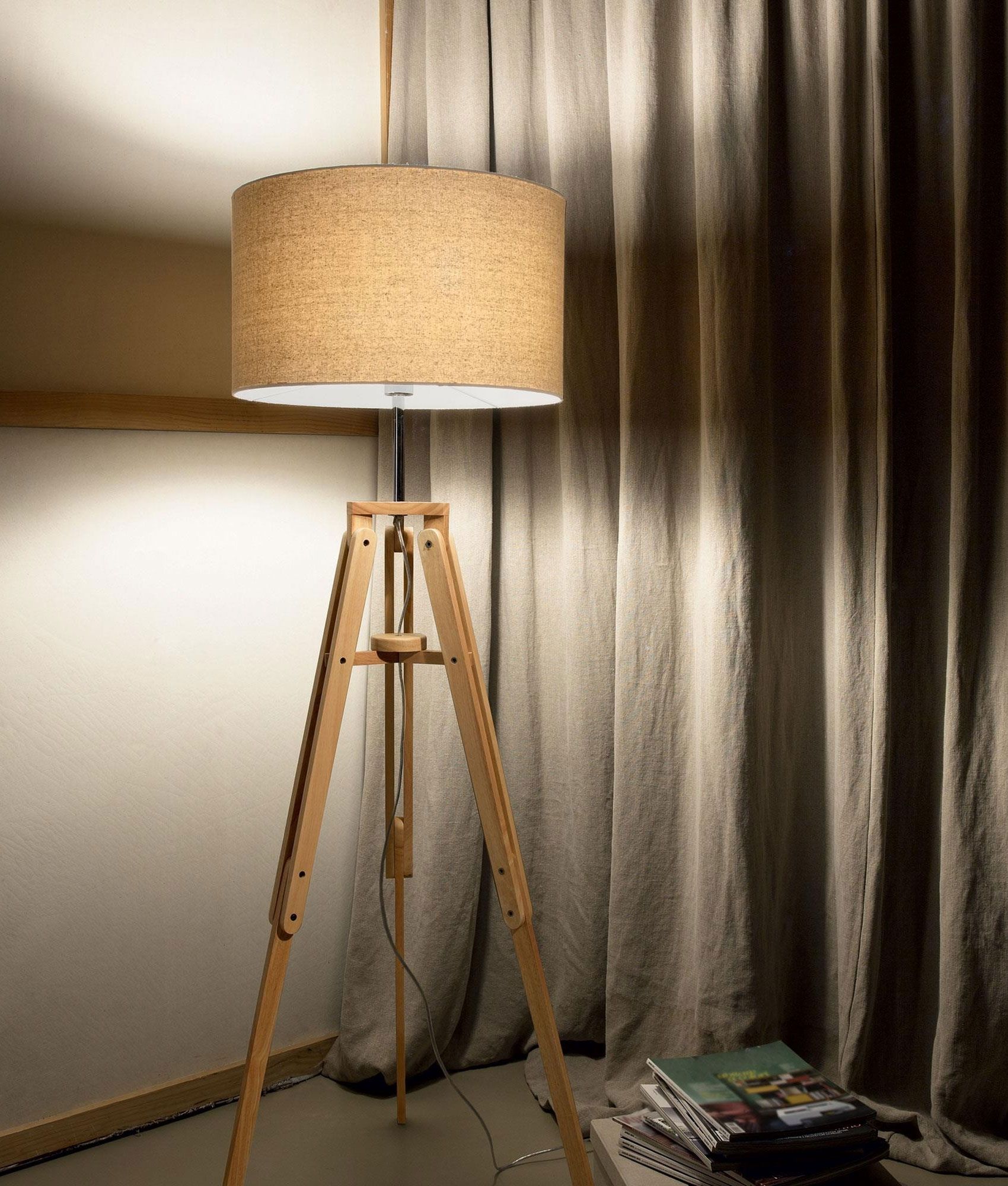 Shaded Natural Wood Tripod Floor Lamp Throughout Wood Tripod Floor Lamps (View 15 of 15)