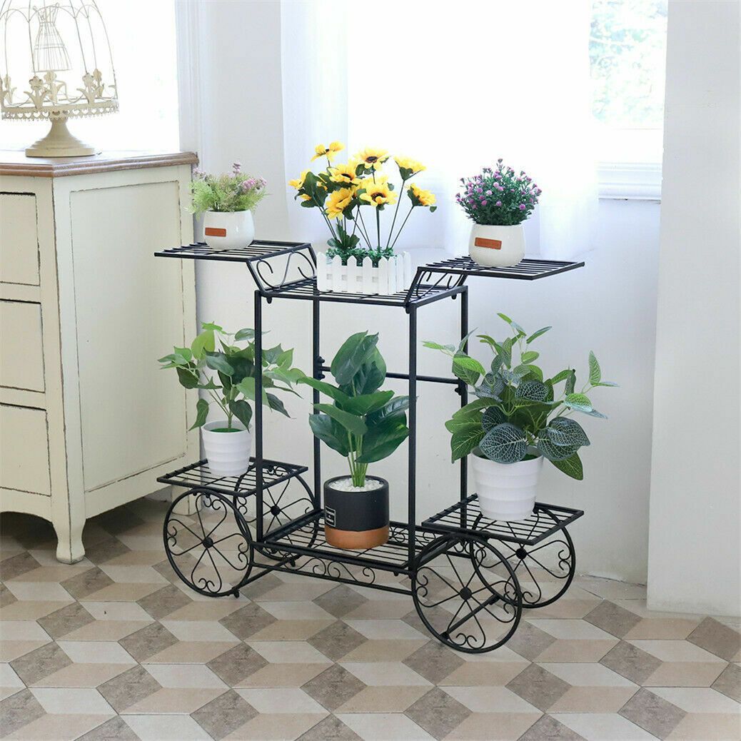 Solid Metal Iron Plant Stands 6 Tiers Flower Pot Display Shelf Rack 4 Wheel  Base | Ebay Intended For Iron Base Plant Stands (View 13 of 15)