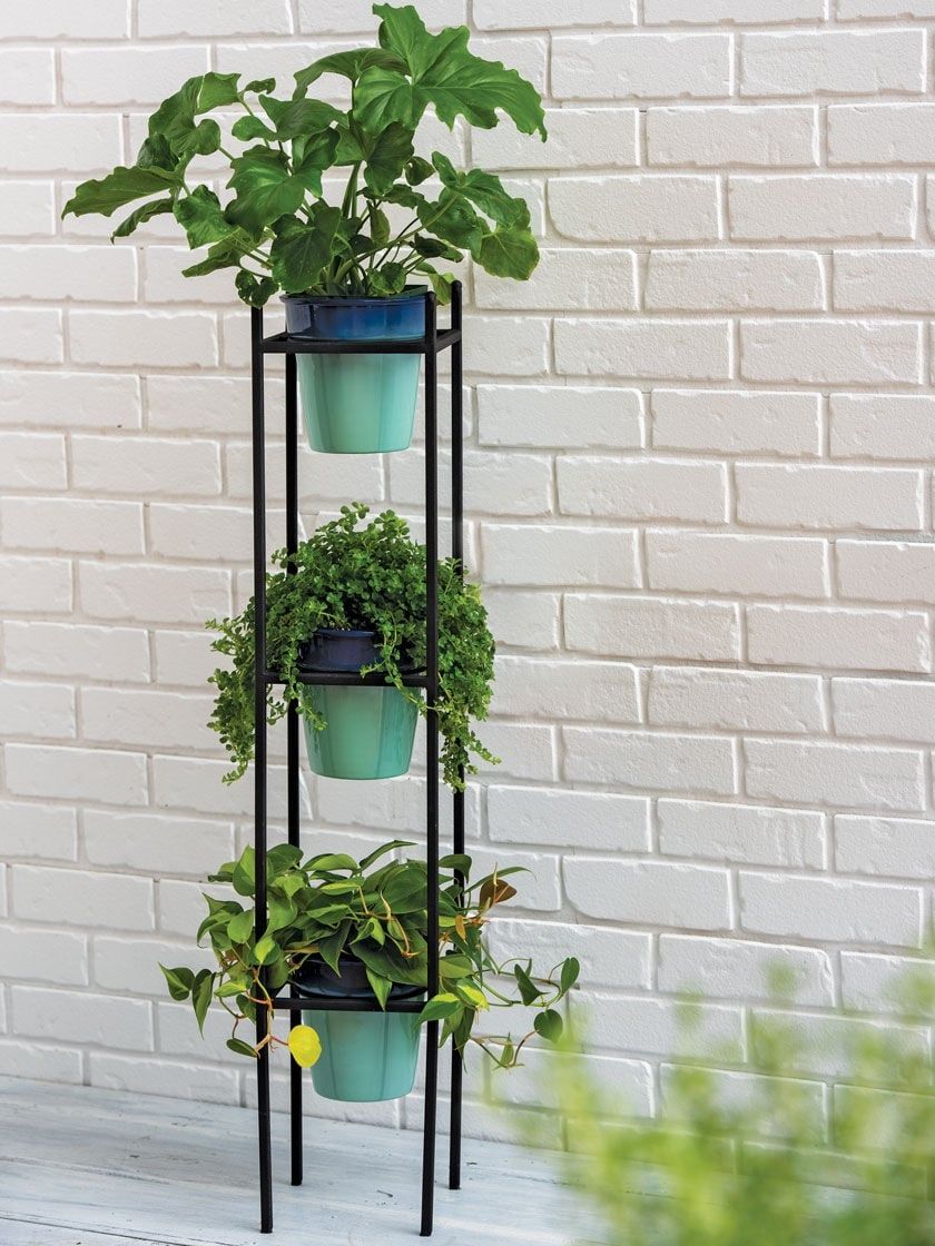 Steel Vertical Plant Stand With 3 Blue Metal Pots | Gardeners Throughout Green Plant Stands (View 8 of 15)