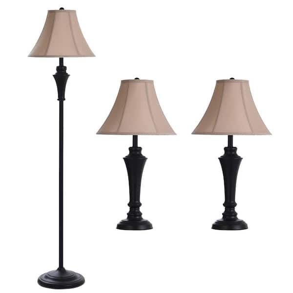 Stylecraft 61 In. Bronze Wood Shade Lamp Set With Geneva Taupe Fabric Shade  (3 Piece) Pg8018ds – The Home Depot Inside 3 Piece Setfloor Lamps (Photo 5 of 15)