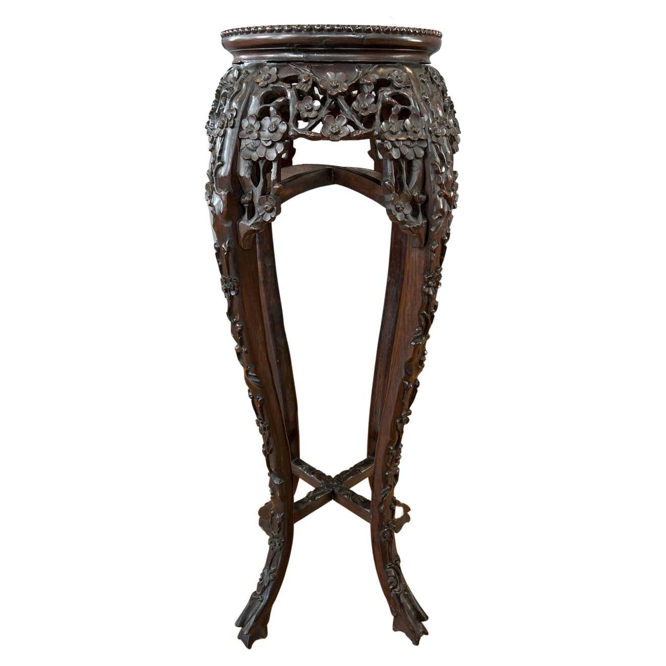 Tall 19th Century Chinese Carved Rosewood And Marble Plant Stand – Past  Perfect Inside Carved Plant Stands (View 8 of 15)