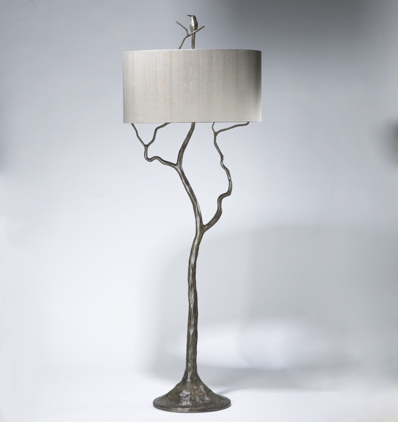 Tall Tree & Humming Bird Floor Lamp In Grey Painted Pewter, Distressed  Silver Leaf Finish (t3598) – Tyson – Decorative Lighting And Bespoke  Furniture Within Silver Floor Lamps (View 14 of 15)